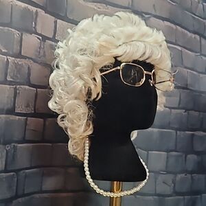 100 Days of School Grandma White Curly Hair Wig with Glasses and Pearl Necklace